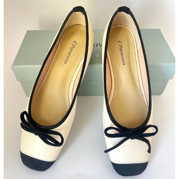 C Paravano Beige Black Flats Leather Ballerina flats Size 6.5 - Picture 2 of 15